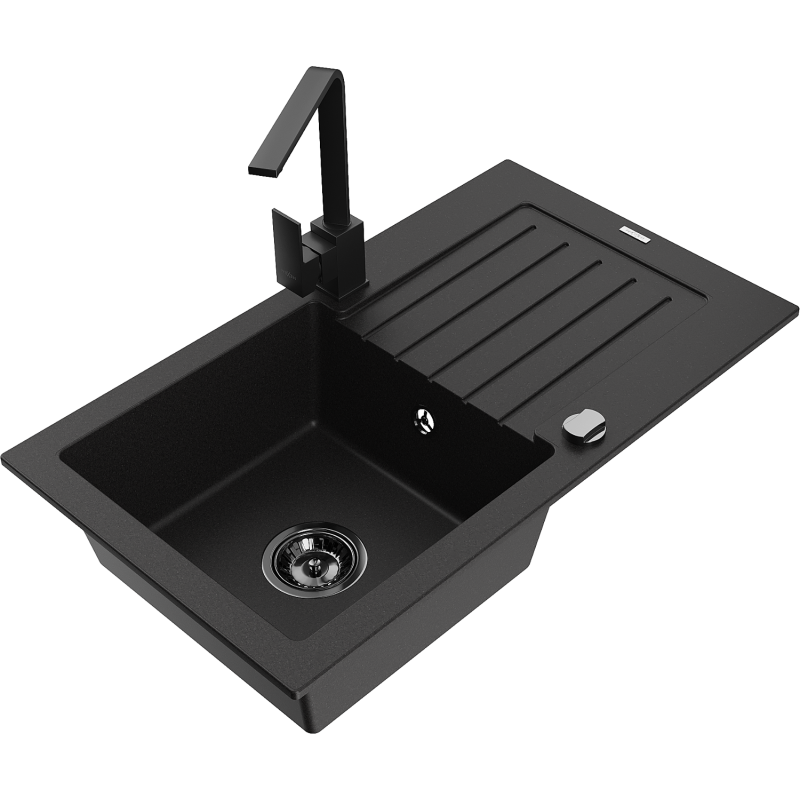 Mexen Pablo гранитна мивка с едно корито, отцеденик и кухненски смесител Rita, черен - 6510-77-670300-70-B