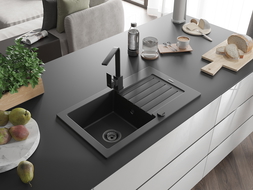 Mexen Pablo гранитна мивка с едно корито, отцеденик и кухненски смесител Rita, черен - 6510-77-670300-70-B