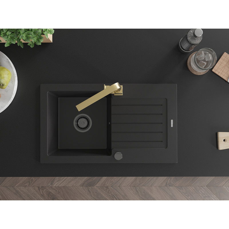 Mexen Pablo гранитна мивка с една камера, отцедник и кухненски смесител Rita, черен - 6510-77-670300-50-B