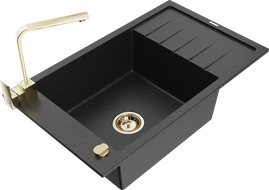 Mexen Elias гранитна мивка с 1 отделение и отцедник и кухненски кран Rita, черен/сребрист металик - 6511-73-670300-50