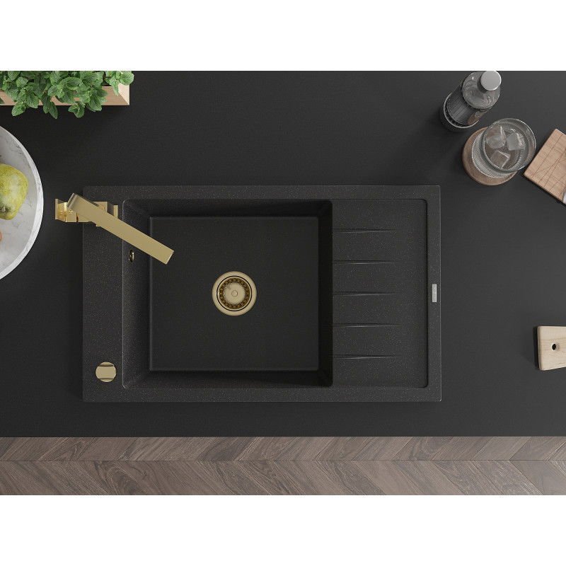 Mexen Elias гранитна мивка с 1 отделение и отцедник и кухненски кран Rita, черен/сребрист металик - 6511-73-670300-50