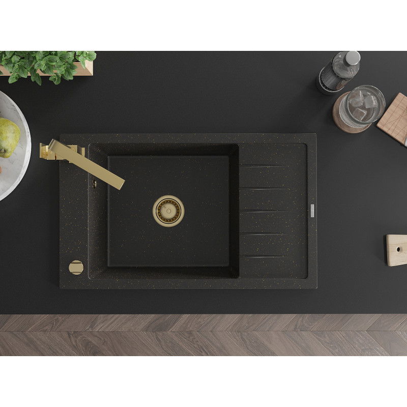 Mexen Elias гранитна мивка с 1 отделение, с отцедник и кухненски смесител Rita, черен/златен металик - 6511-75-670300-50