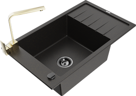 Mexen Elias гранитна мивка с 1 камера с отцедник и кухненски смесител Rita, черен/златист металик - 6511-75-670300-50-B