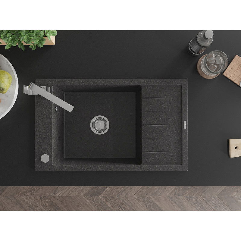 Mexen Elias гранитна мивка с 1 отделение, отцедник и кухненски смесител Rita, черен на пръски - 6511-76-670300-00