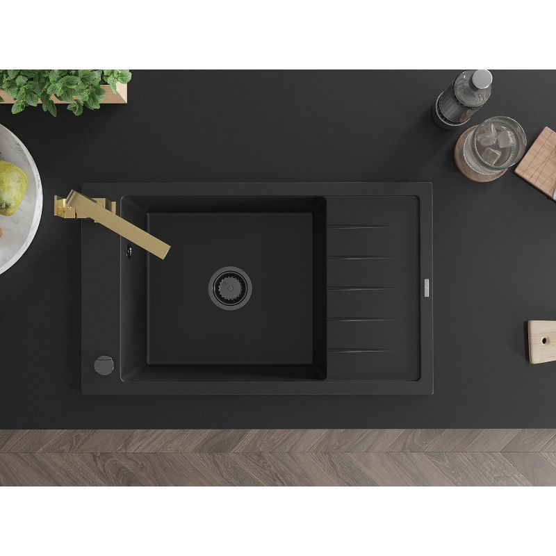 Mexen Elias гранитна мивка с 1 корито с отцедник и кухненски смесител Rita, черен - 6511-77-670300-50-B