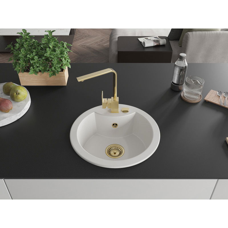 Mexen Diego гранитна кухненска мивка с 1 гнездо и кухненски смесител Rita, бял - 6512-20-670300-50