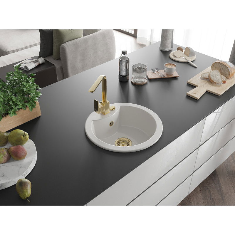 Mexen Diego гранитна кухненска мивка с 1 гнездо и кухненски смесител Rita, бял - 6512-20-670300-50