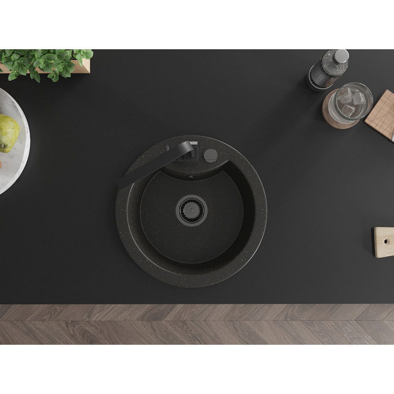 Mexen Diego гранитна кухненска мивка с 1 камера и кухненски смесител Rita, черен/златист металик - 6512-75-670300-70-B