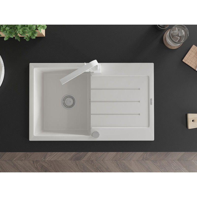 Mexen Bruno гранитна мивка с 1 камера с отцедник и кухненски смесител Rita, бял - 6513-20-670300-20