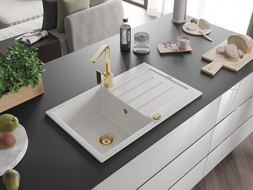 Mexen Bruno гранитна мивка с 1 отделение с отцедник и кухненски кран Rita, бял - 6513-20-670300-50