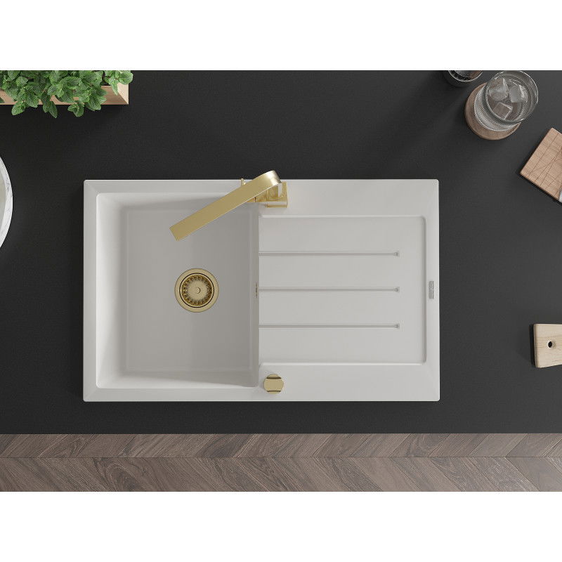 Mexen Bruno гранитна мивка с 1 отделение с отцедник и кухненски кран Rita, бял - 6513-20-670300-50