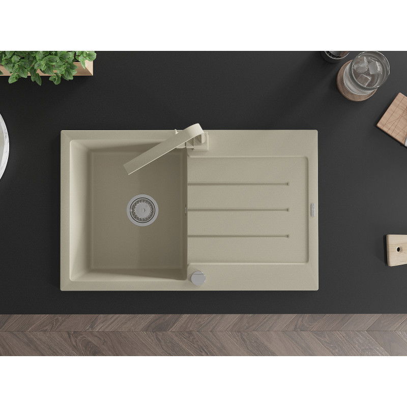 Mexen Bruno гранитна кухненска мивка с 1 корито с отцедник и кухненски смесител Rita, бежов - 6513-69-670300-69