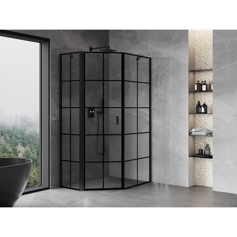 Mexen Mist петостенна асиметрична душ кабина с леви врати 80 x 90 см, черна