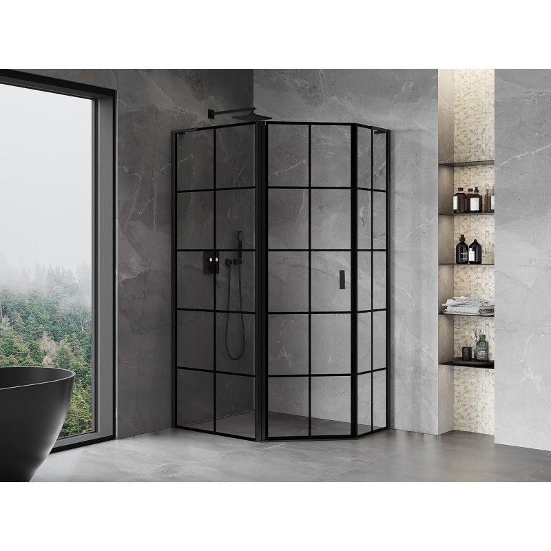 Mexen Mist L асиметрична петстенна душ кабина с отваряеми леви врати 100 x 80 см, черна решетка, черна - 8A8L-100-080-70-77-L