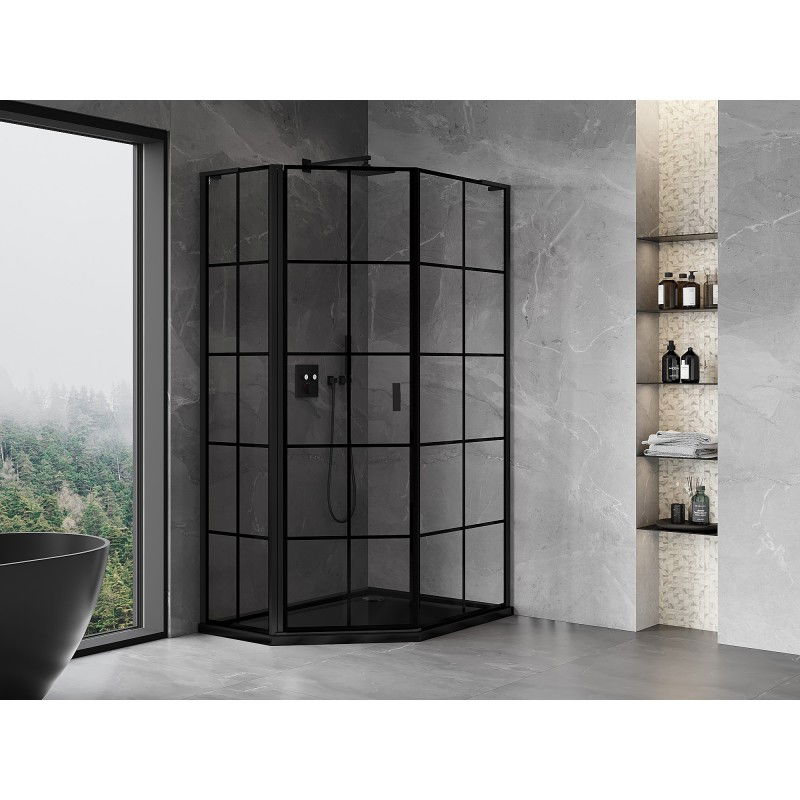 Mexen Mist L асиметрична пет-стенна душ кабина, лява, 90 x 100 см, черна решетка, черна - 8A8L-090-100-70-77-L