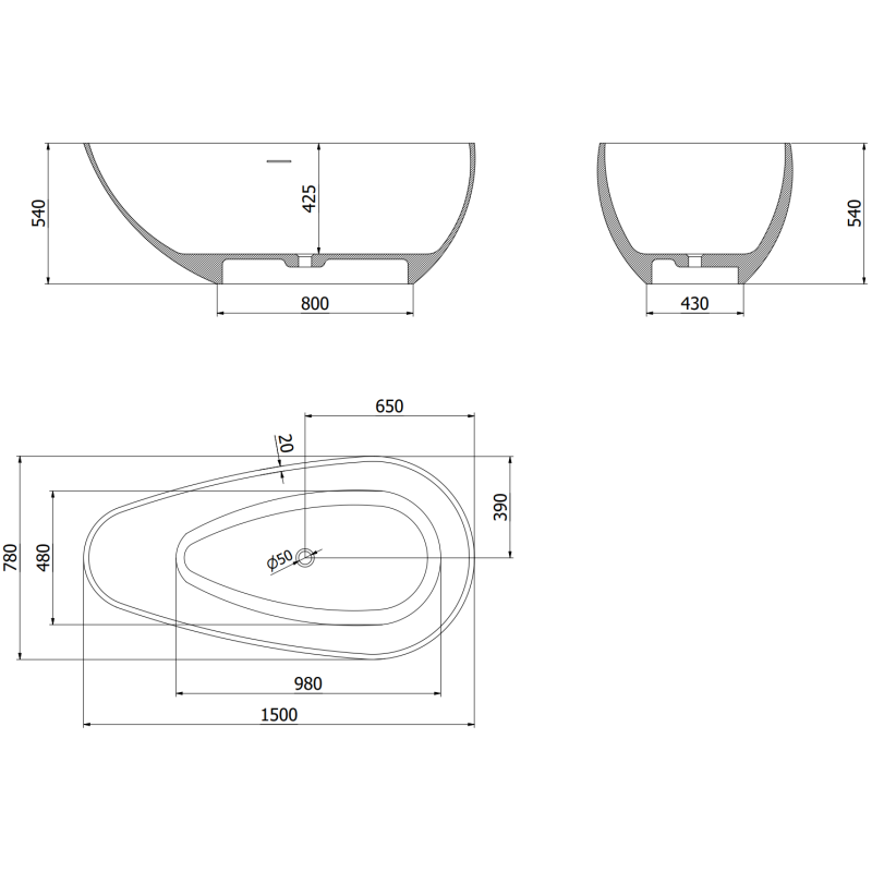 Mexen Palermo свободностояща вана от конгломерат 150 x 78 cm, черен мат - 57211507870