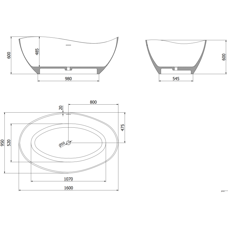 Mexen Parma свободностояща вана от конгломерат 160 x 95 см, черна матова - 57231609570