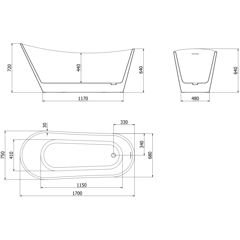 Mexen Alta свободностояща вана 170 x 75 см, бяла, преливане gun metal - 52141707500-95