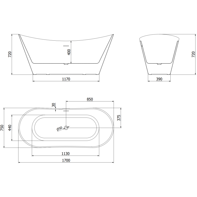 Mexen Celia свободностояща вана 170 x 75 cm, бяла/черна, преливник хром - 52331707575-01