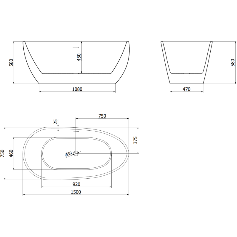 Mexen Eos свободно стояща вана 150 x 75 cm, бяла, преливник златисто четкан - 52471507500-55