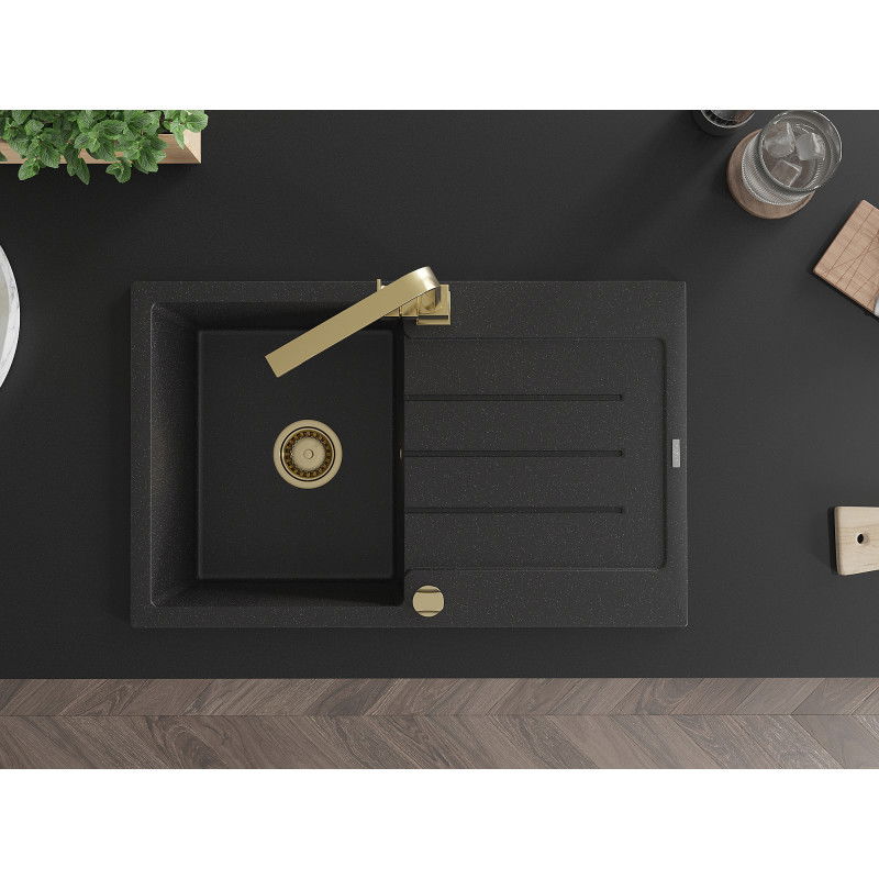 Mexen Bruno гранитна кухненска мивка с една камера с отцедник и кухня миксер Rita, черен/сребърен металик - 6513-73-670300-50