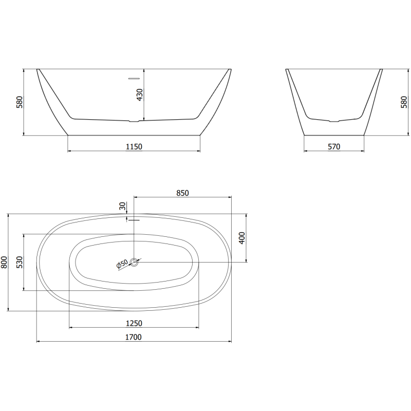 Mexen Eris самостоятелна вана 170 x 80 см, черна, преливник пистолетно сиво
