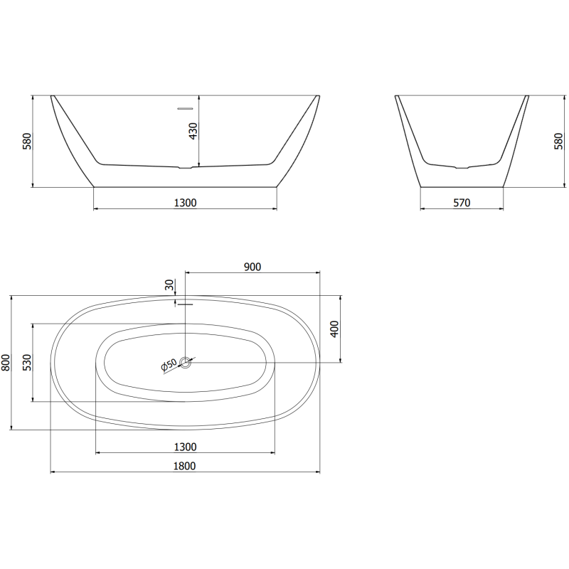 Mexen Eris свободностояща вана 180 x 80 см, бяло/черно, преливник gun metal