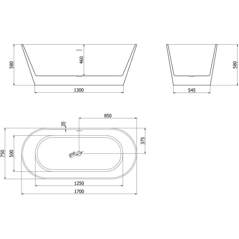 Mexen Flavia самостоятелна вана 170 x 75 см, бяла/черна, преливник gun metal - 54031708075-95
