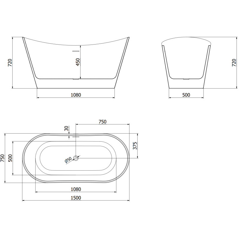 Mexen Montana самостоятелна вана 150 x 75 см, бяла/черна, преливник gun gray полиран