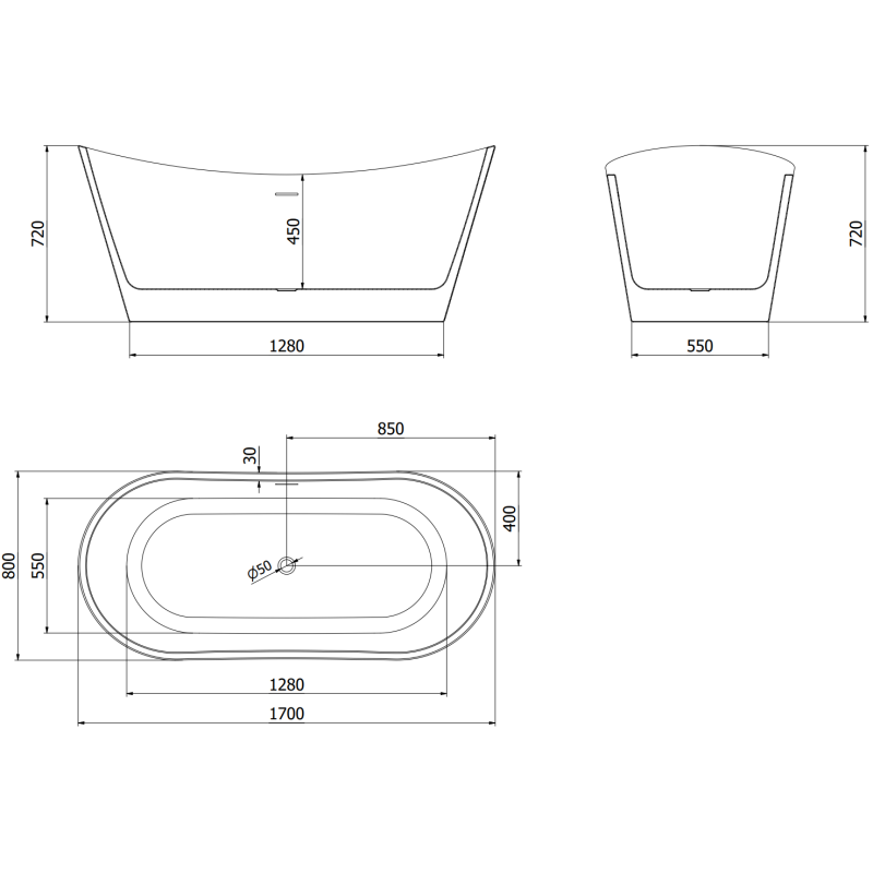 Mexen Montana самостоятелна вана 170 x 80 см, бяла/черна, хромиран преливник