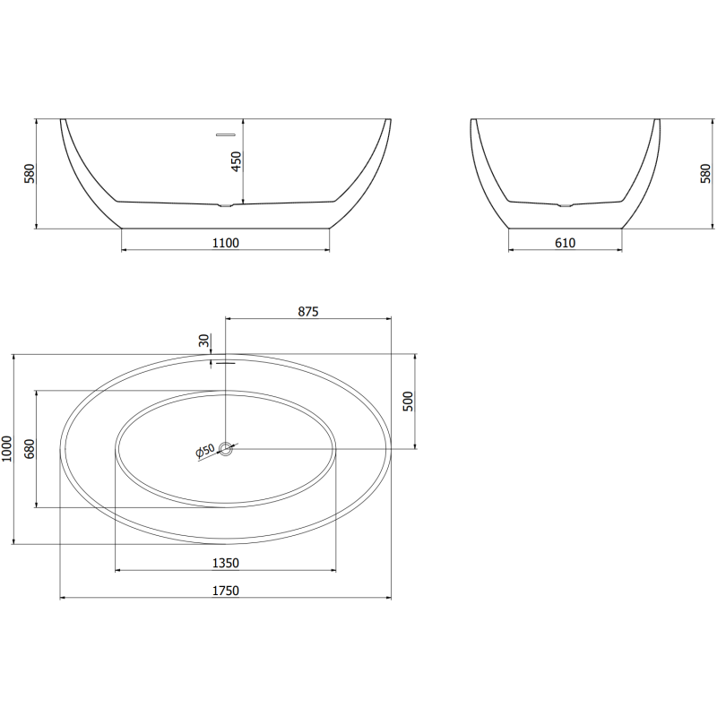 Mexen Nike свободностояща вана 175 x 100 см, бяла/черна, преливане от матиран никел - 54071751075-97