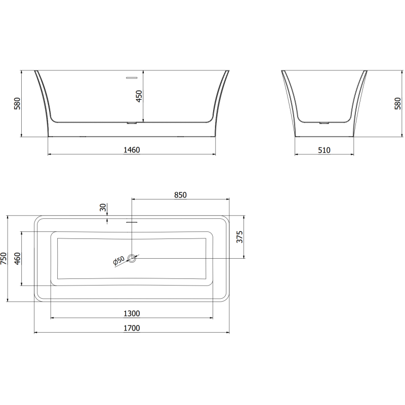 Mexen Tonia свободностояща вана 170 x 75 см, бяла/черна, преливник gun gray четкан - 52171707575-66