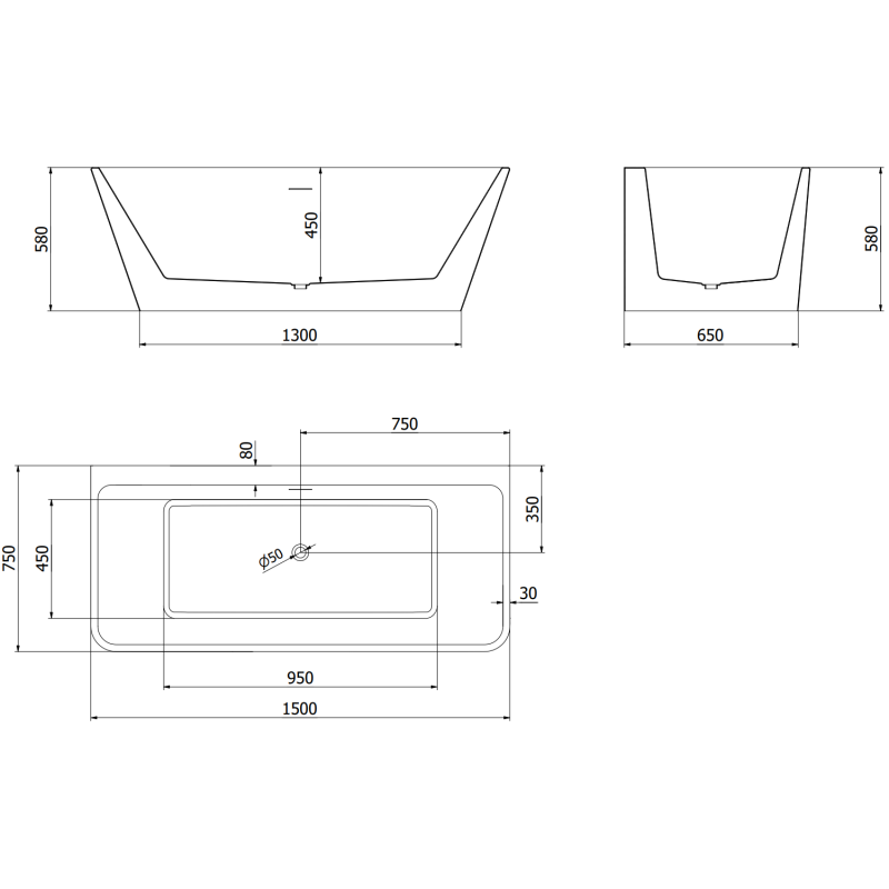 Mexen Volta стенна самостоятелна вана 150 x 75 см, бяла, преливник gun metal - 51131507500-95