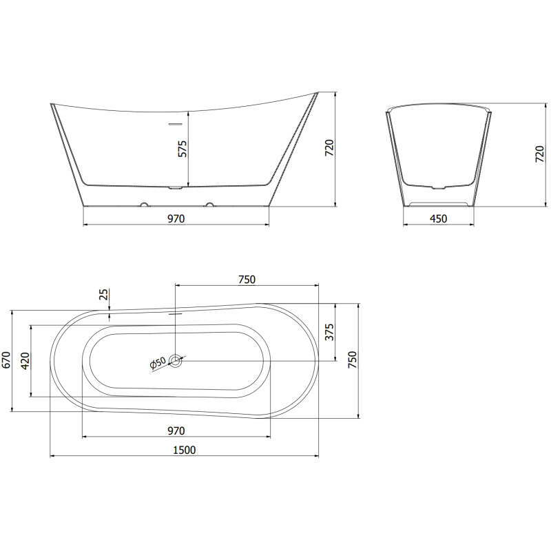 Mexen Dora самостоятелна вана 150 x 75 см, бяла/черна, преливник gun metal - 52071507575-95