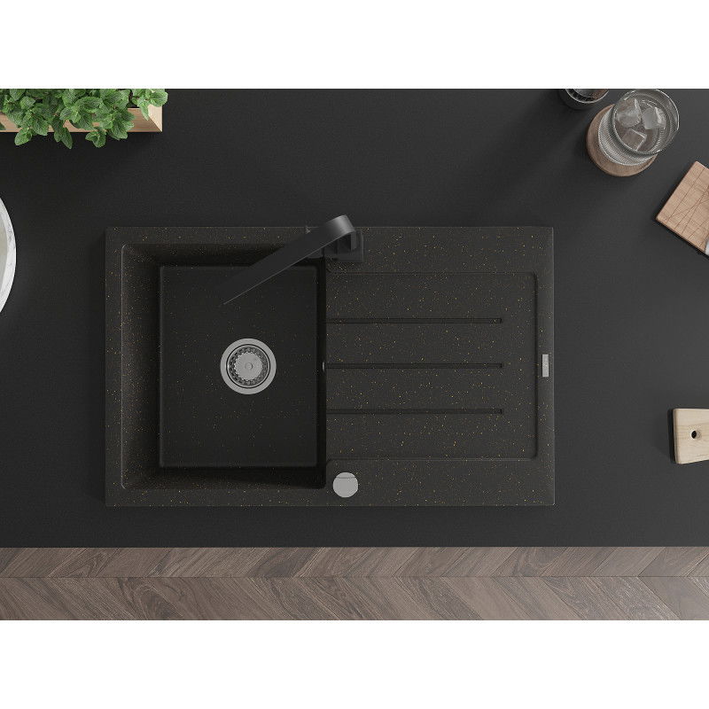 Mexen Bruno гранитна мивка с 1 отделение, с отцедник и кухненски смесител Rita, черен/златист металик - 6513-75-670300-70