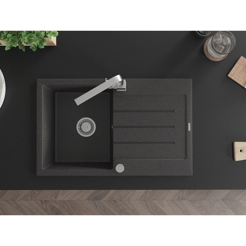 Mexen Bruno гранитна мивка с 1 корито с отцедник и кухненска батерия Rita, черна с пръски - 6513-76-670300-00