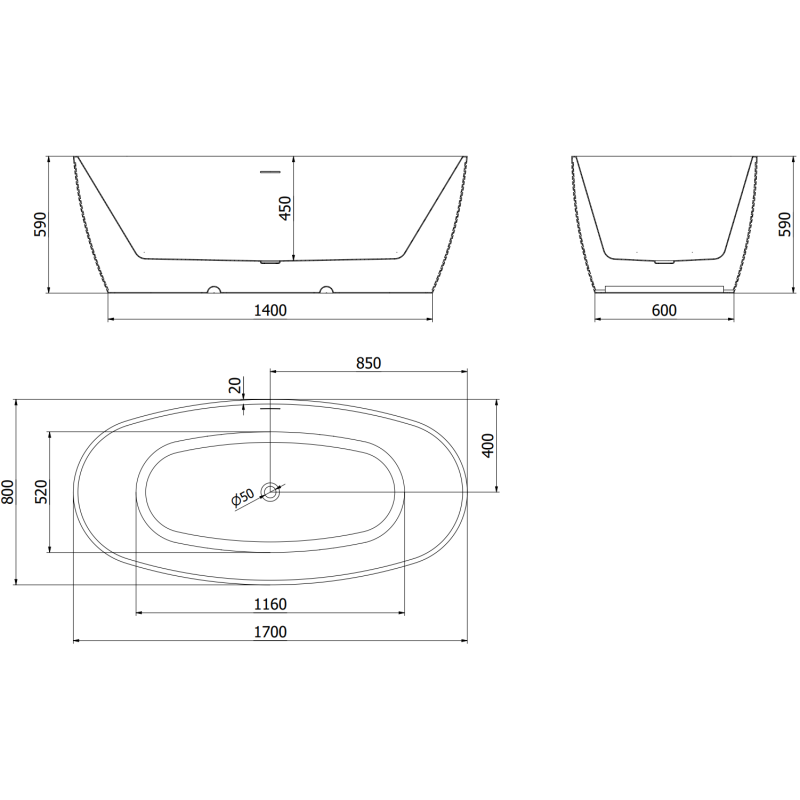 Mexen Lira свободно стояща вана модел 170 x 80 cm, бяла, бял преливник - 52831708000-20