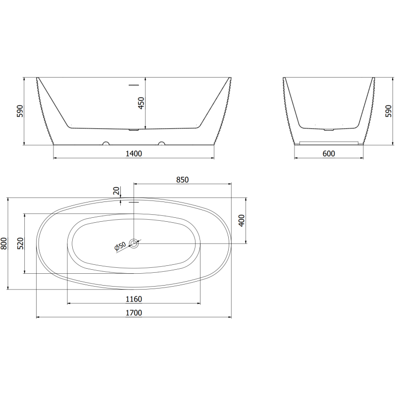 Mexen Lira самостоятелна вана модел 170 x 80 см, бяла/черна, преливане хром - 52831708075-01