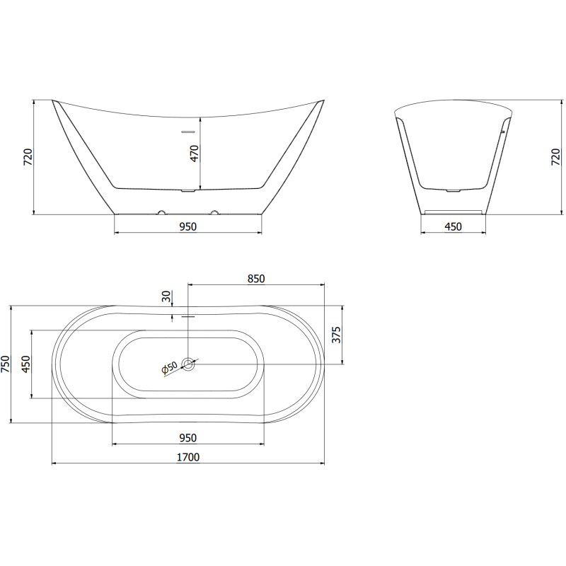 Mexen Lotos самостоятелна вана 170 x 75 см, бяла, преливник gun gray матов - 52051707700-66