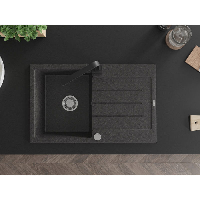 Mexen Bruno гранитна мивка с една камера, с отцедник и кухненски смесител Rita, черен на пръски - 6513-76-670300-70
