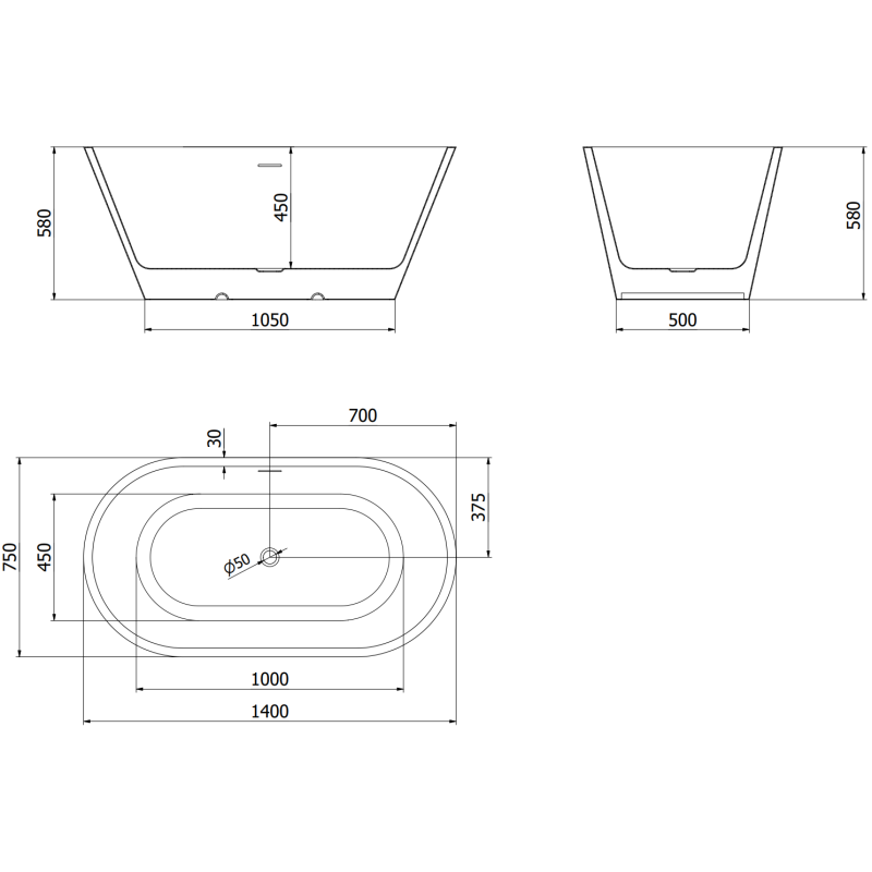 Mexen Luna свободностояща вана 140 x 75 см, бяла/черна, преливник gun gray матиран - 52031407575-66