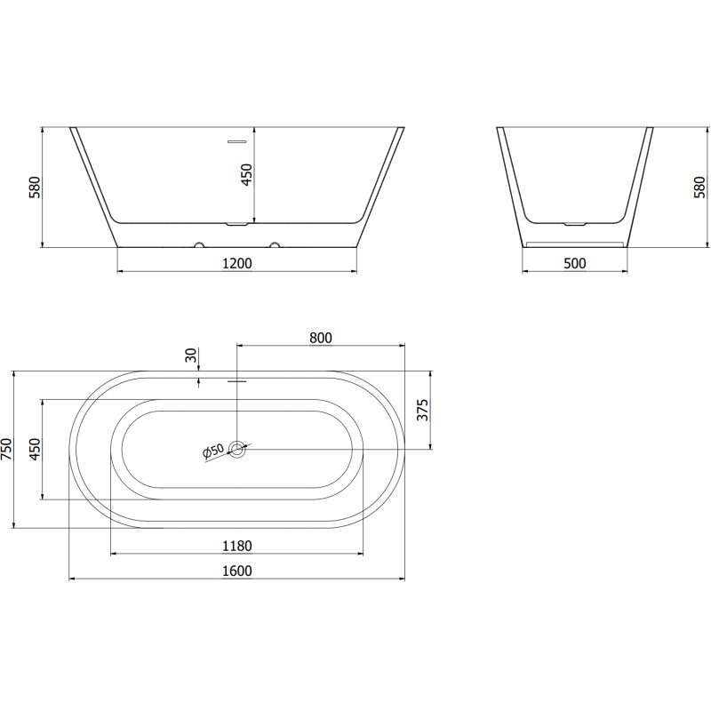 Mexen Luna свободностояща вана 160 x 75 см, бяла/черна, преливник розово злато - 52031607575-60