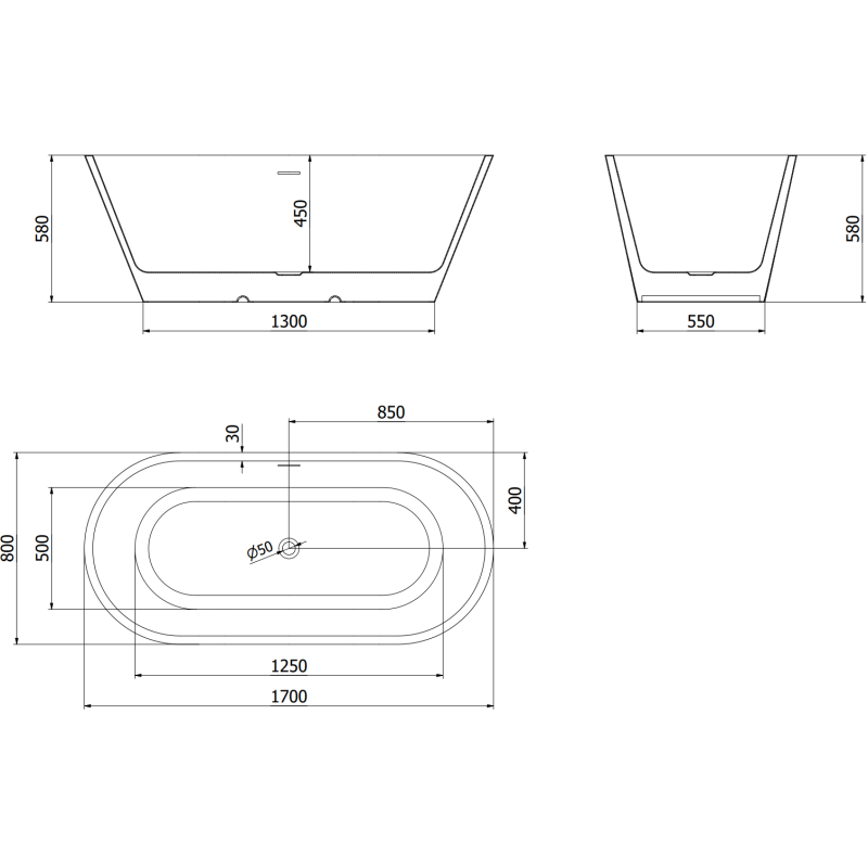 Mexen Luna свободностояща вана 170 x 80 см, бяла/черна, преливник gun gray четка - 52031708075-66