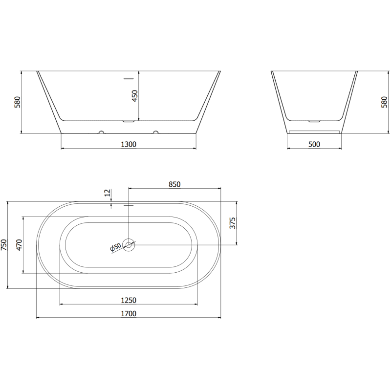 Mexen Luna Slim свободностояща вана 170 x 75 cm, бяла, преливник gun gray четкан - 52041707500-66