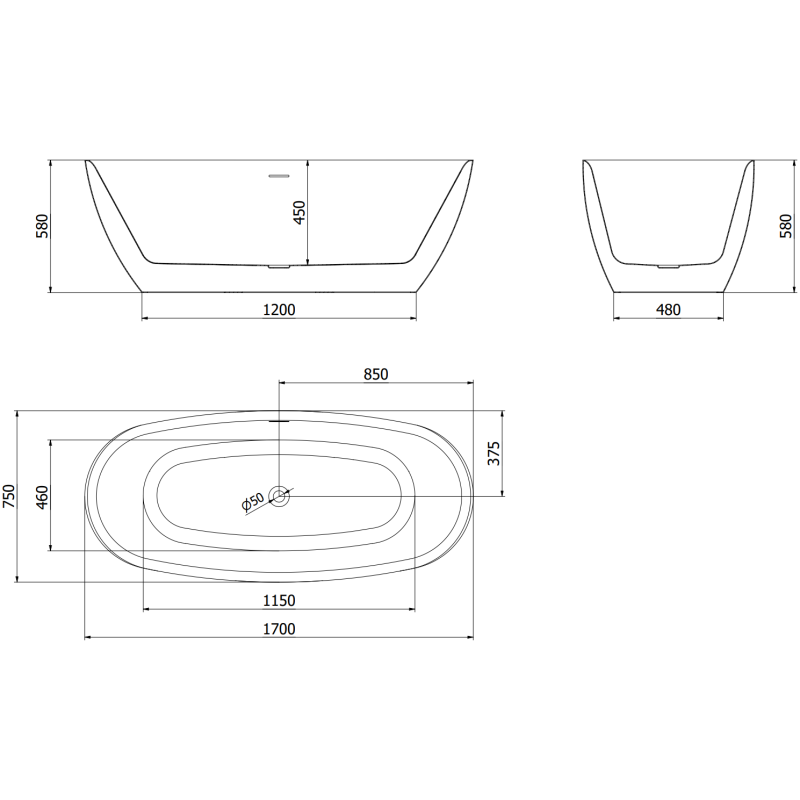 Mexen Luvo Slim свободно стояща вана 170 x 75 cm, бяла, преливник сив металик - 52801707500-95