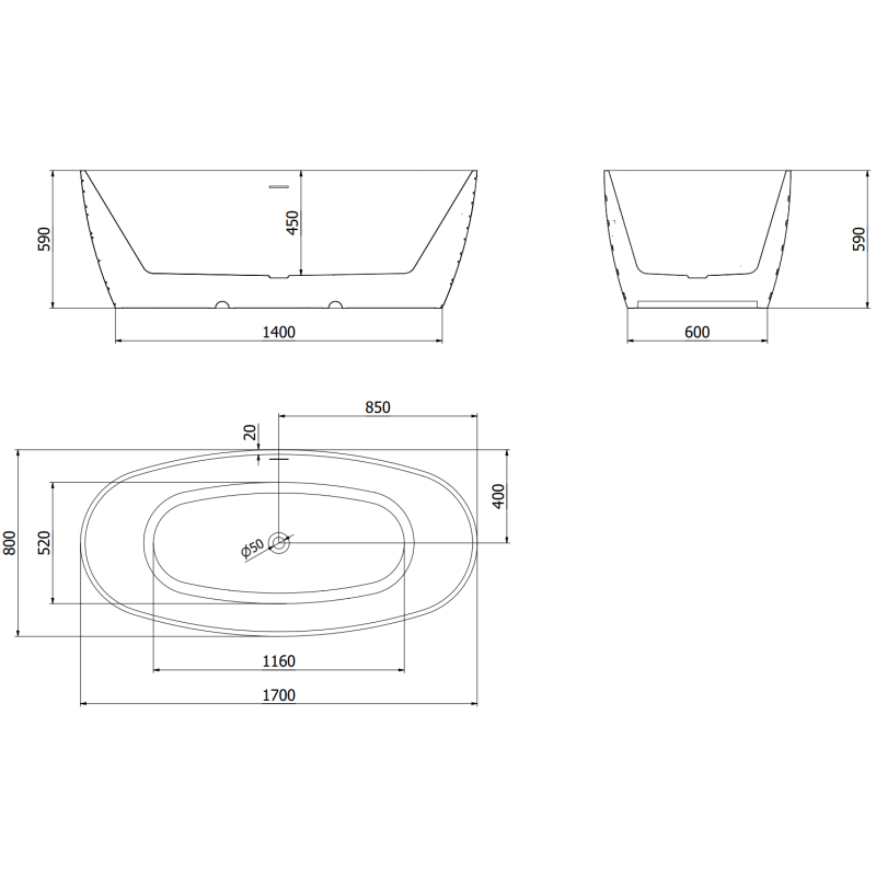 Mexen Olea самостоятелна вана модел 170 x 80 см, бяла/черна, преливник gun metal - 52821708075-95