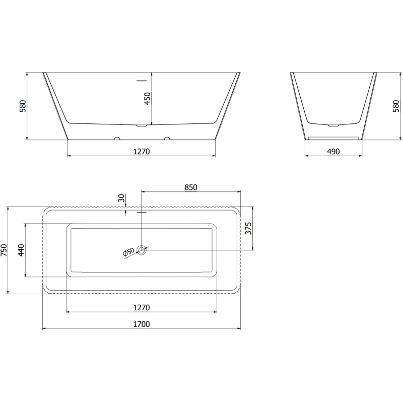Mexen Tava свободно стояща рифелована вана 170 x 75 см, бяла, златисто матов преливник - 52851707500-55