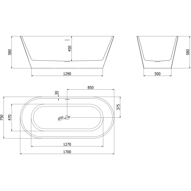 Mexen Yara самостоятелно стояща вана с оребрено 170 x 75 cm, бяла, преливник четкан никел - 52861707500-97