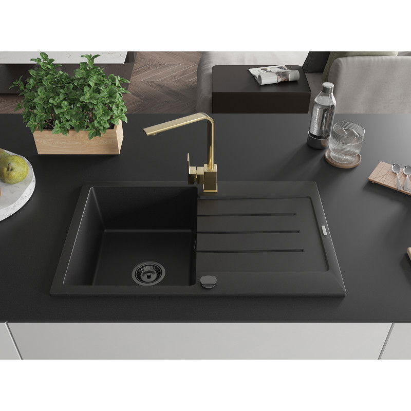 Mexen Bruno гранитна мивка с 1 отделение и отцедник и кухненски смесител Rita, черен - 6513-77-670300-50-B