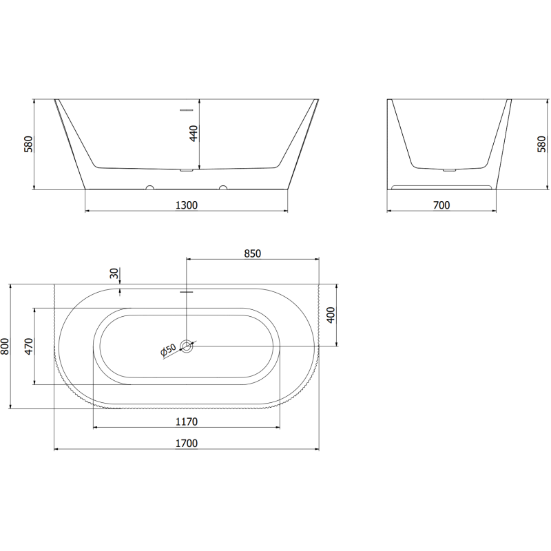 Mexen Oris самостоятелна стенна вана с рифел 170 x 80 см, бяла/черна, златен